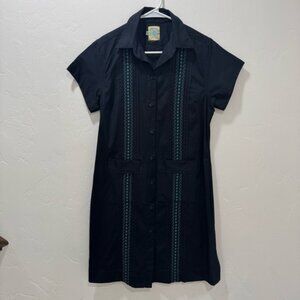 Dos Carolinas Guayabera Embroidered Shirt Dress Small Black Turquoise Cotton